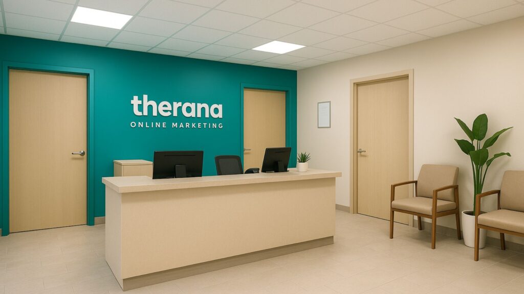 Empfangstresen bei einer Praxis mit therana Logo an der Wand
